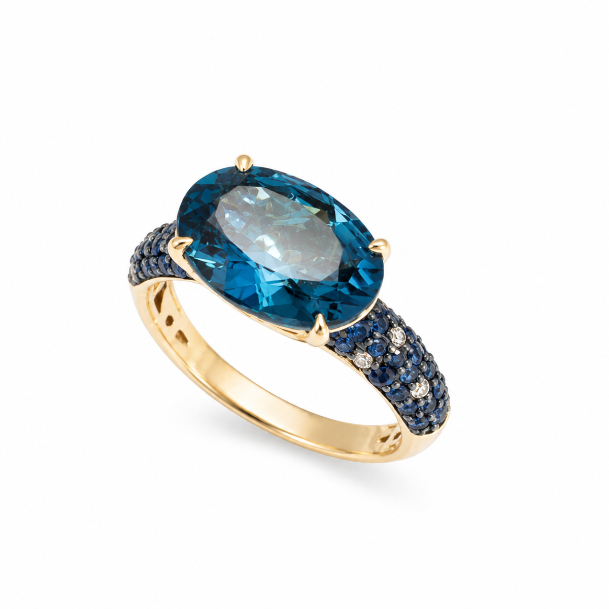 Ponte Vecchio Rosé Gouden Ring met een London Blue topaas, blauw saffieren en briljant geslepen diamanten