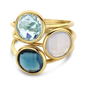 Каблучка з жовтого золота з топазом London Blue, блакитним топазом та кварцом