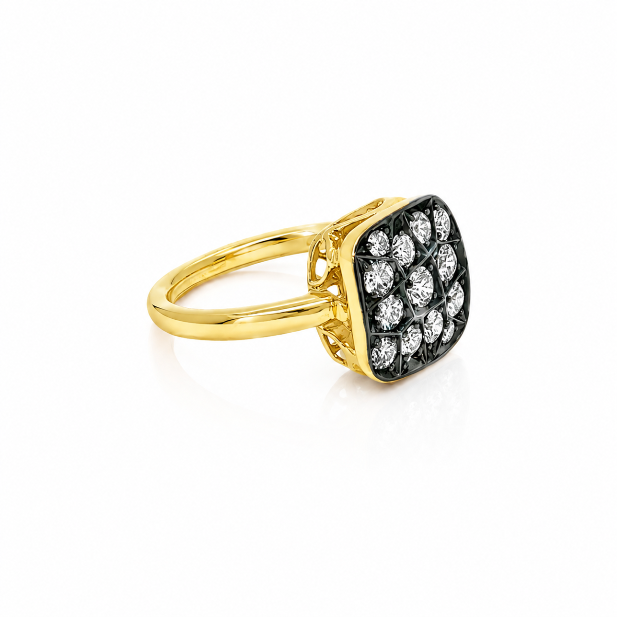 Bague en or jaune 18 carats avec diamants ronds de taille brillant et rhodium noir