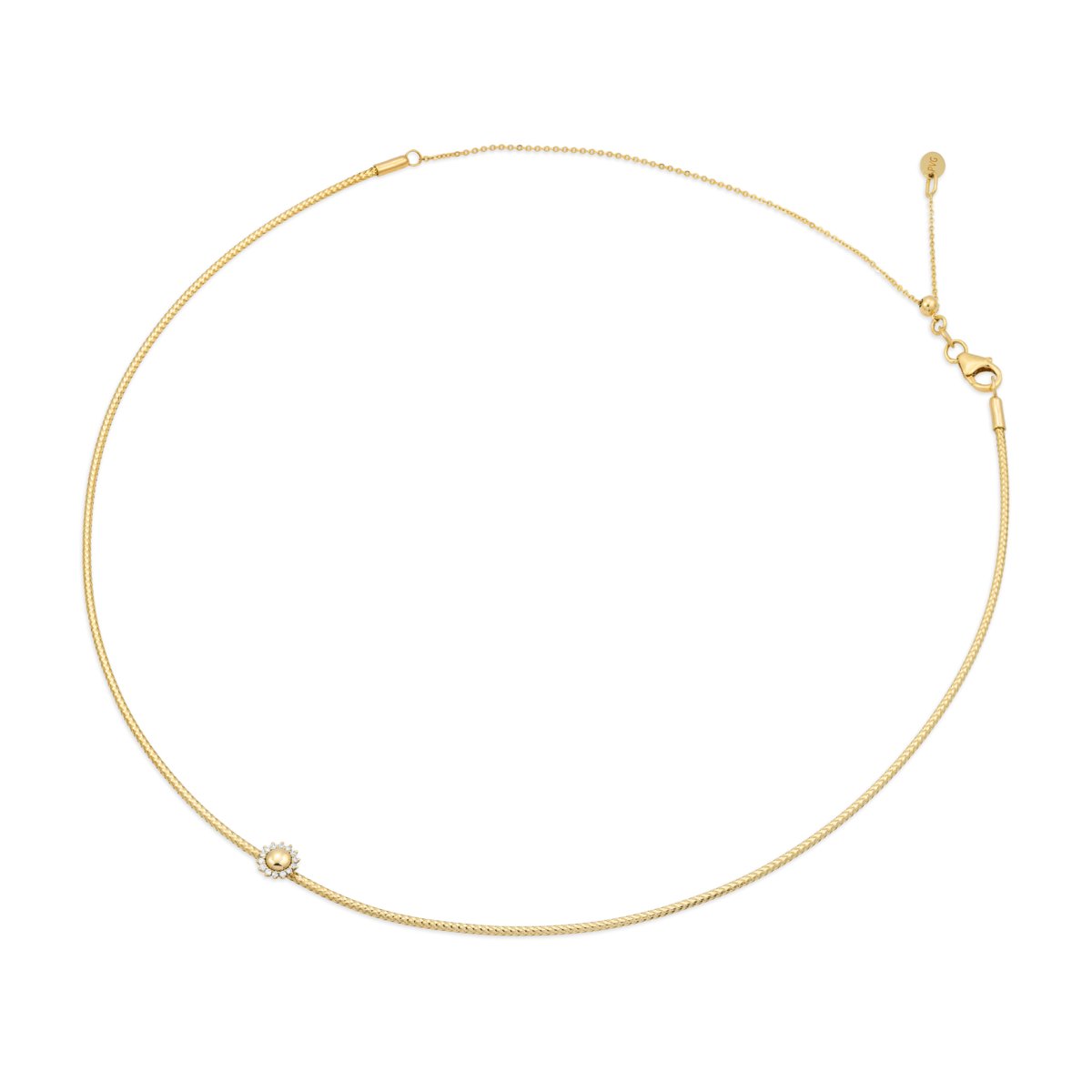 Yellow gold necklace with diamond in 18k gold and floral detail with 14 diamonds