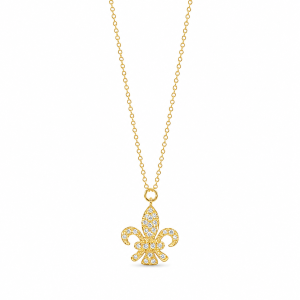 Bedelhalsketting in 18 karaat geelgoud met fleur-de-lis hanger en pavégezette diamanten