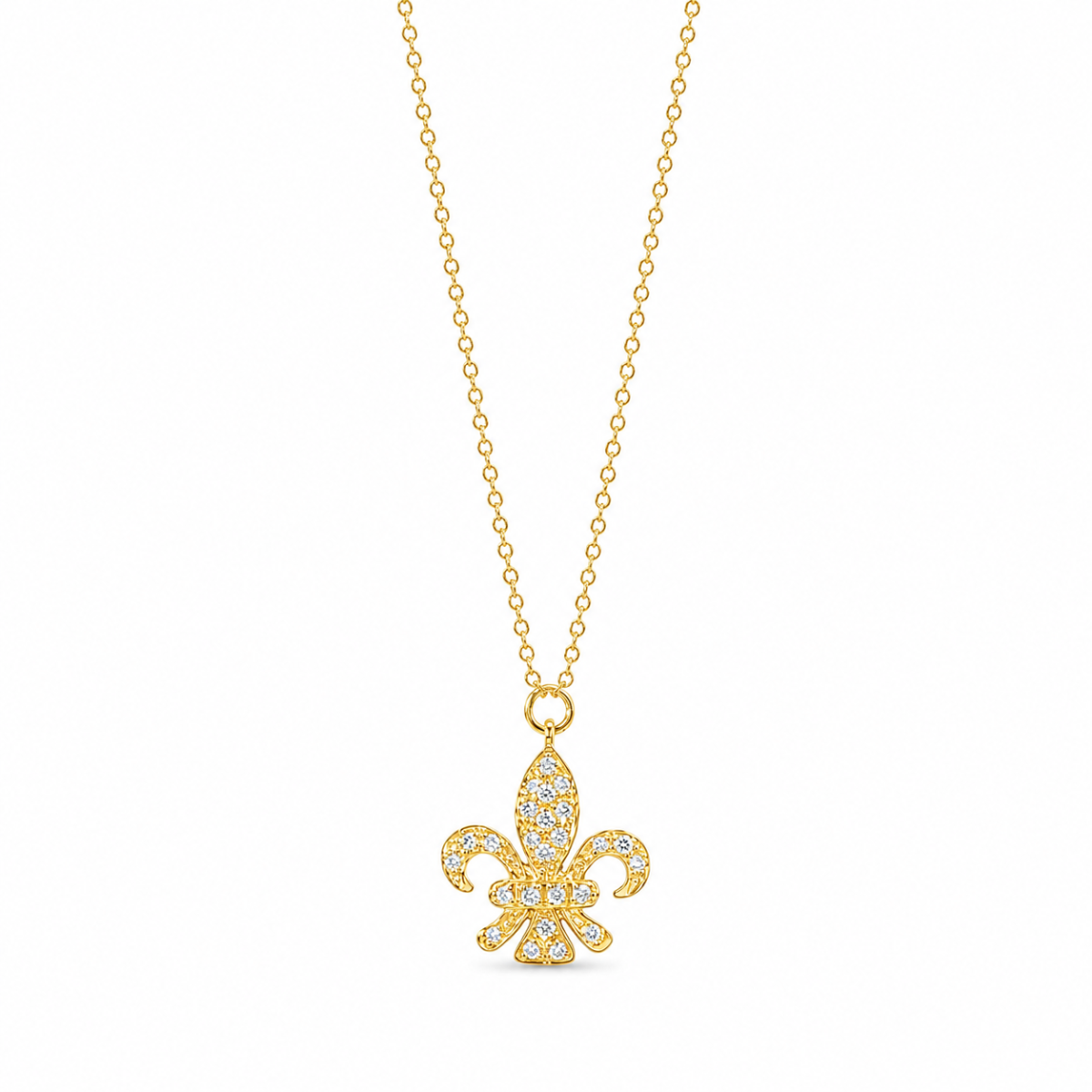 Bedelhalsketting in 18 karaat geelgoud met fleur-de-lis hanger en pavégezette diamanten