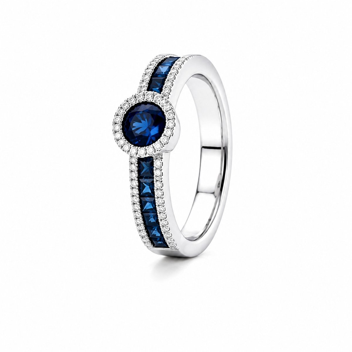 Sapphire ring with diamonds in 18 karat white gold - Image 2