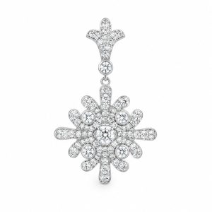 Elegante fleur-de-lis hanger in gepolijst 18 karaat witgoud met pavégezette ronde briljantgeslepen diamanten