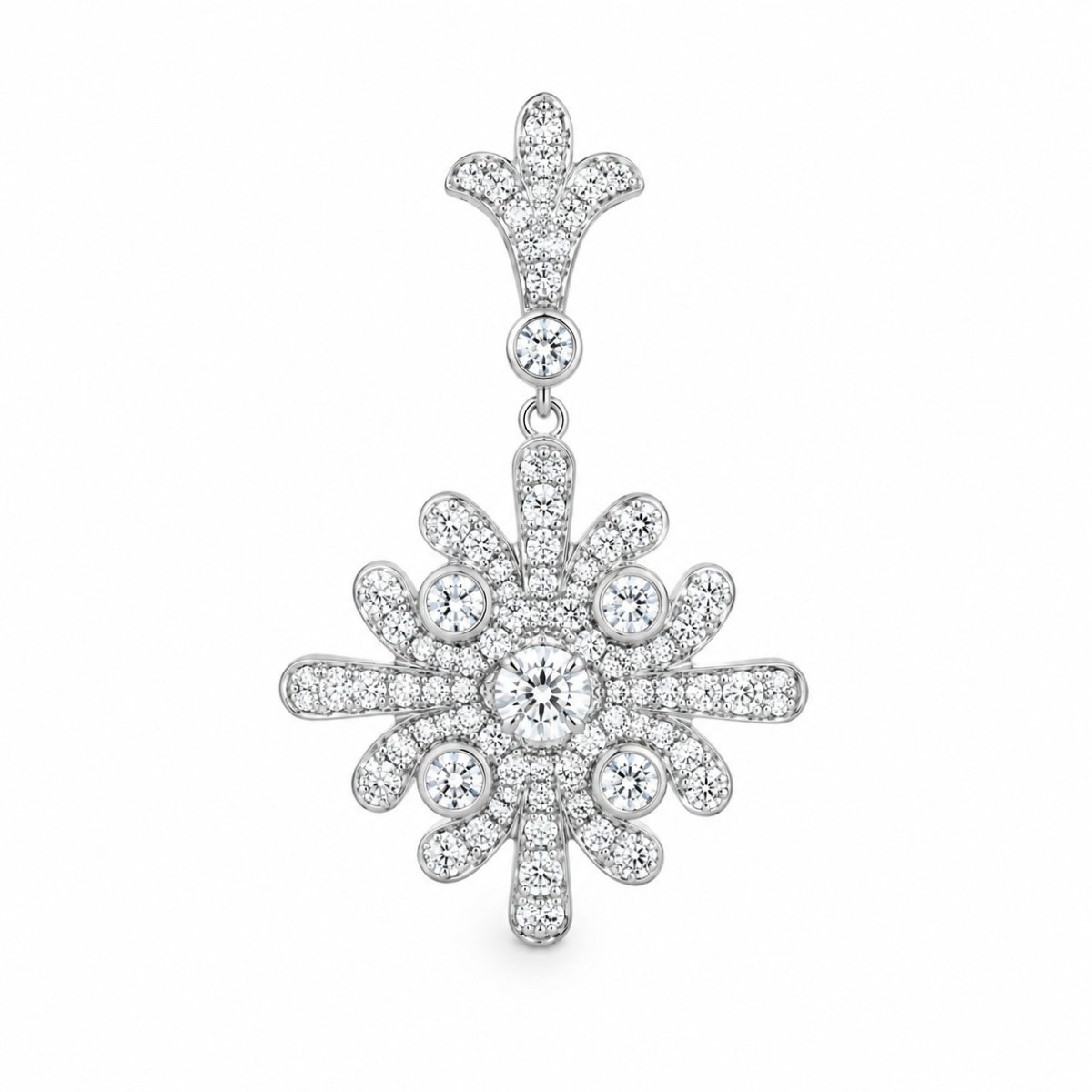 Elegante fleur-de-lis hanger in gepolijst 18 karaat witgoud met pavégezette ronde briljantgeslepen diamanten