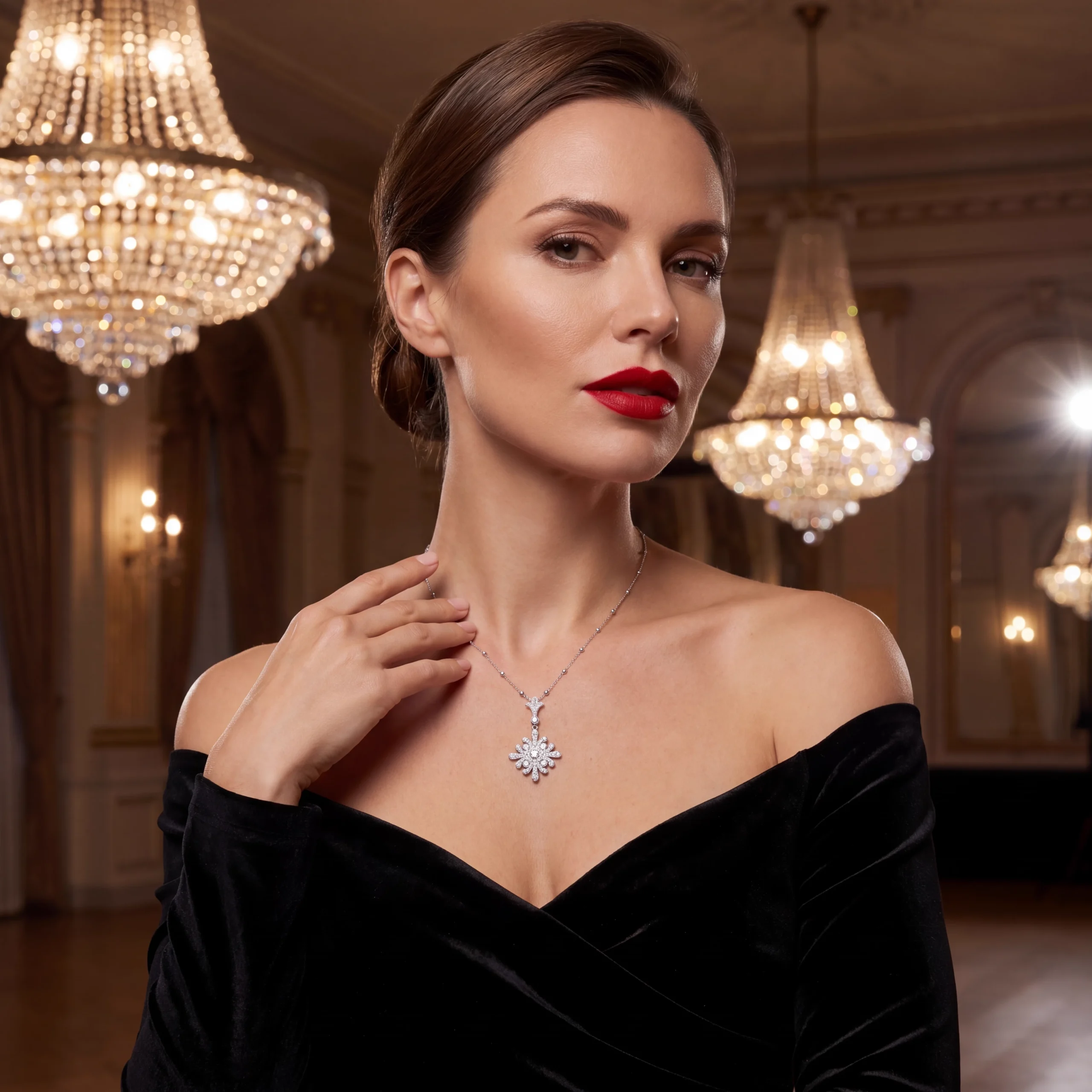 Elegante fleur-de-lis hanger in gepolijst 18 karaat witgoud met pavégezette ronde briljantgeslepen diamanten - Afbeelding 3