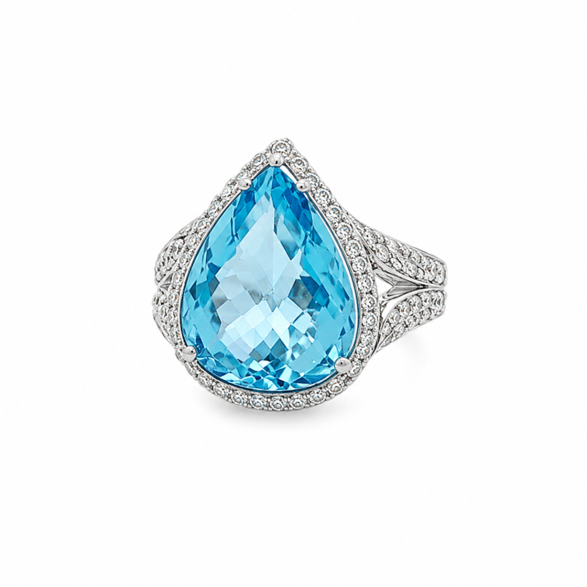 Ring met peervormige blauwe topaas en diamanten | 18kt goud - Afbeelding 2