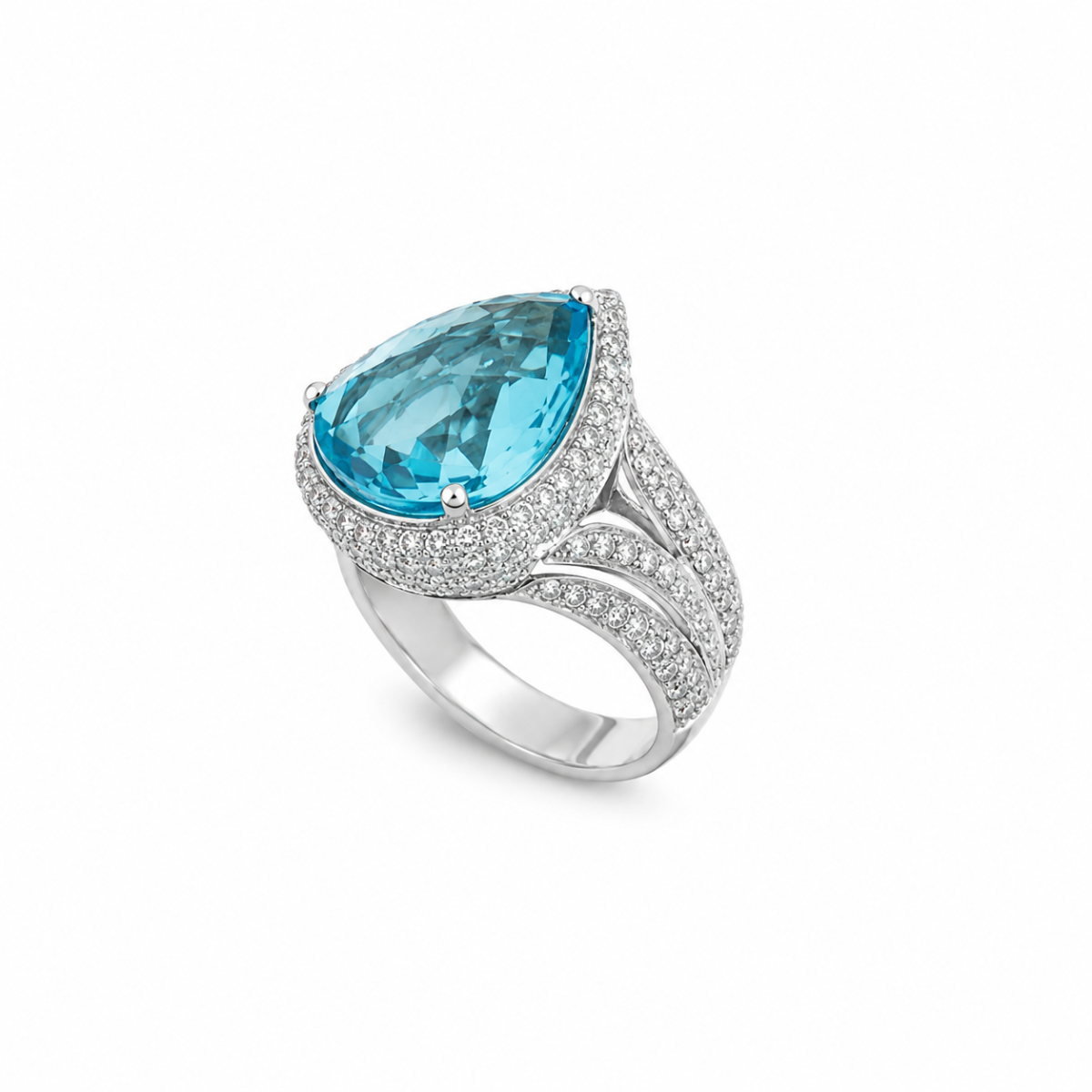 ring met peervormige blauwe topaas en diamanten