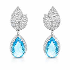 Oorbellen met peervormige blauwe topaas en diamanten