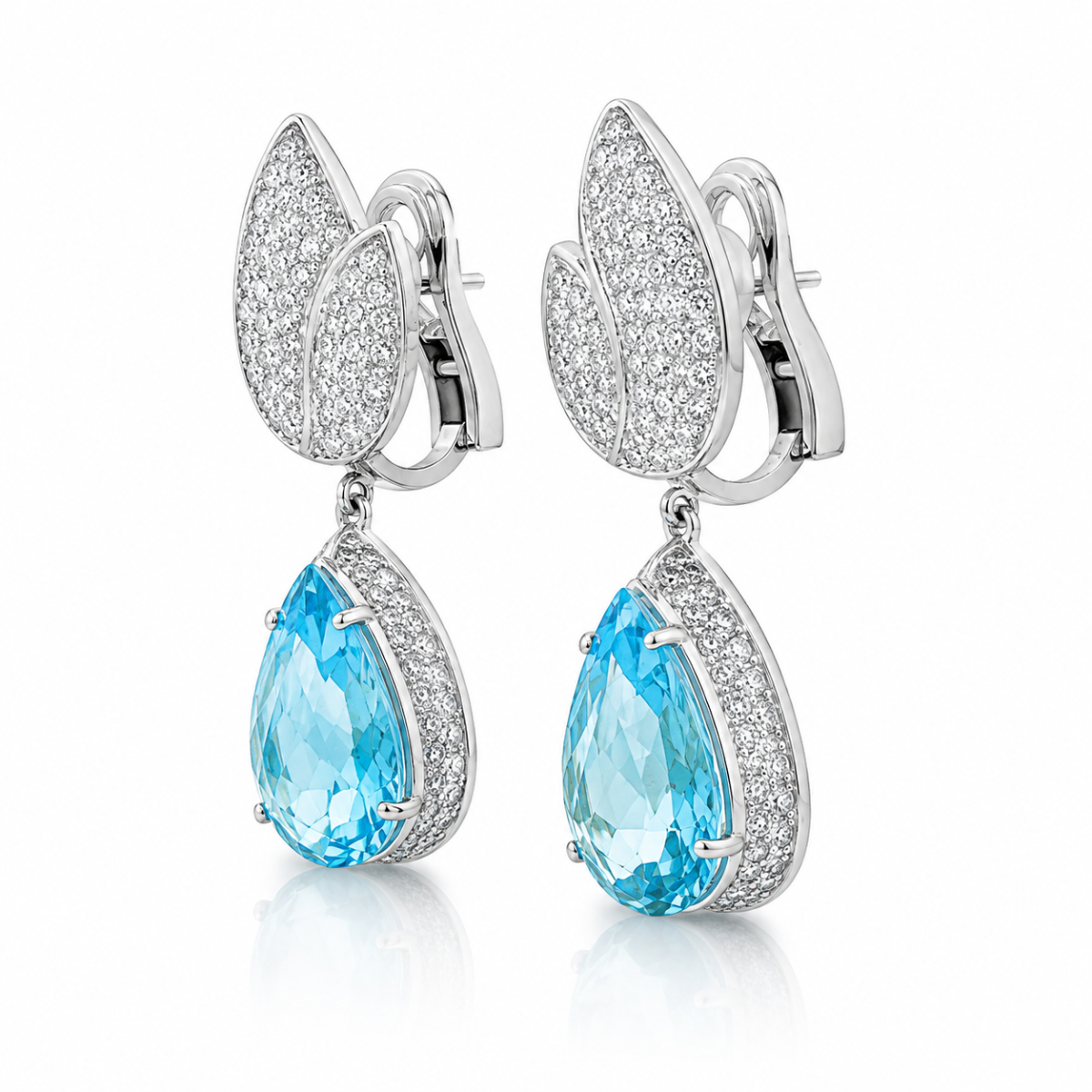 Oorbellen met peervormige blauwe topaas en diamanten - Afbeelding 2