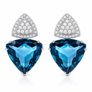 Witgouden oorbellen met driehoekige blauwe topaas en diamanten