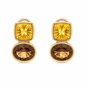 Yellow gold earrings with citrine and smoky quartz