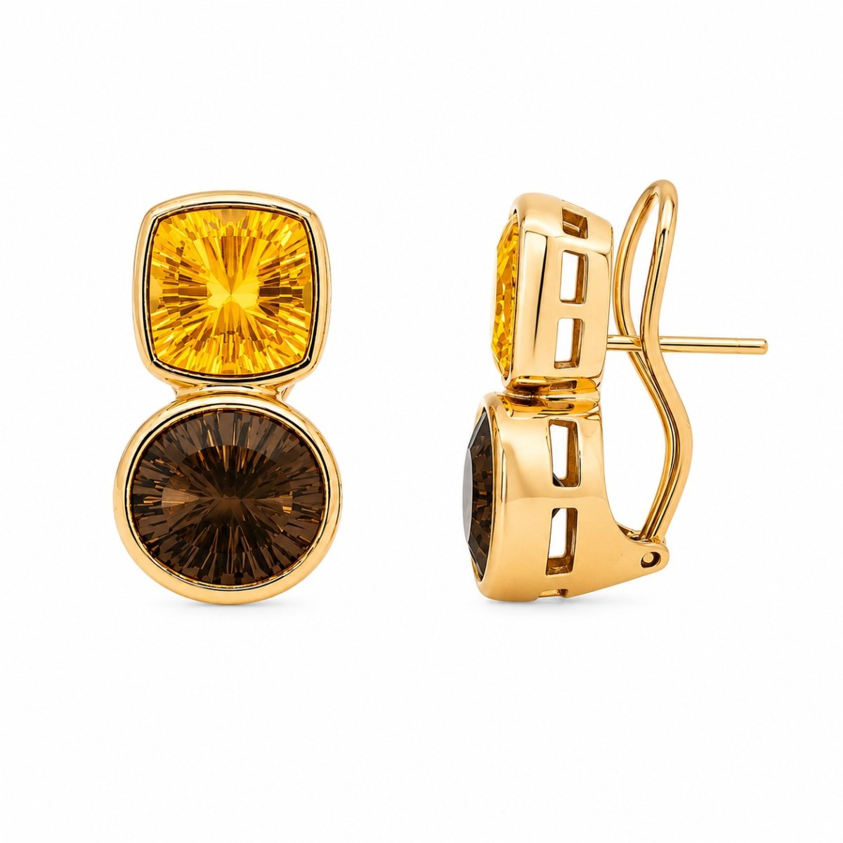 Yellow Gold Earrings with Citrine & Smoky Quartz - Image 2