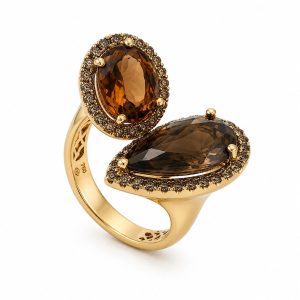 Rose gold ring with citrine and smoky quartz