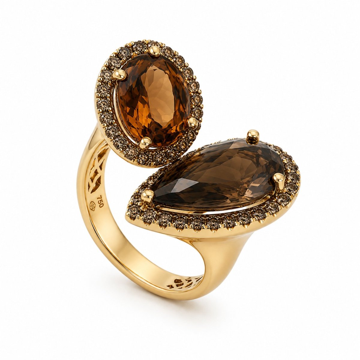 Rose gold ring with citrine and smoky quartz