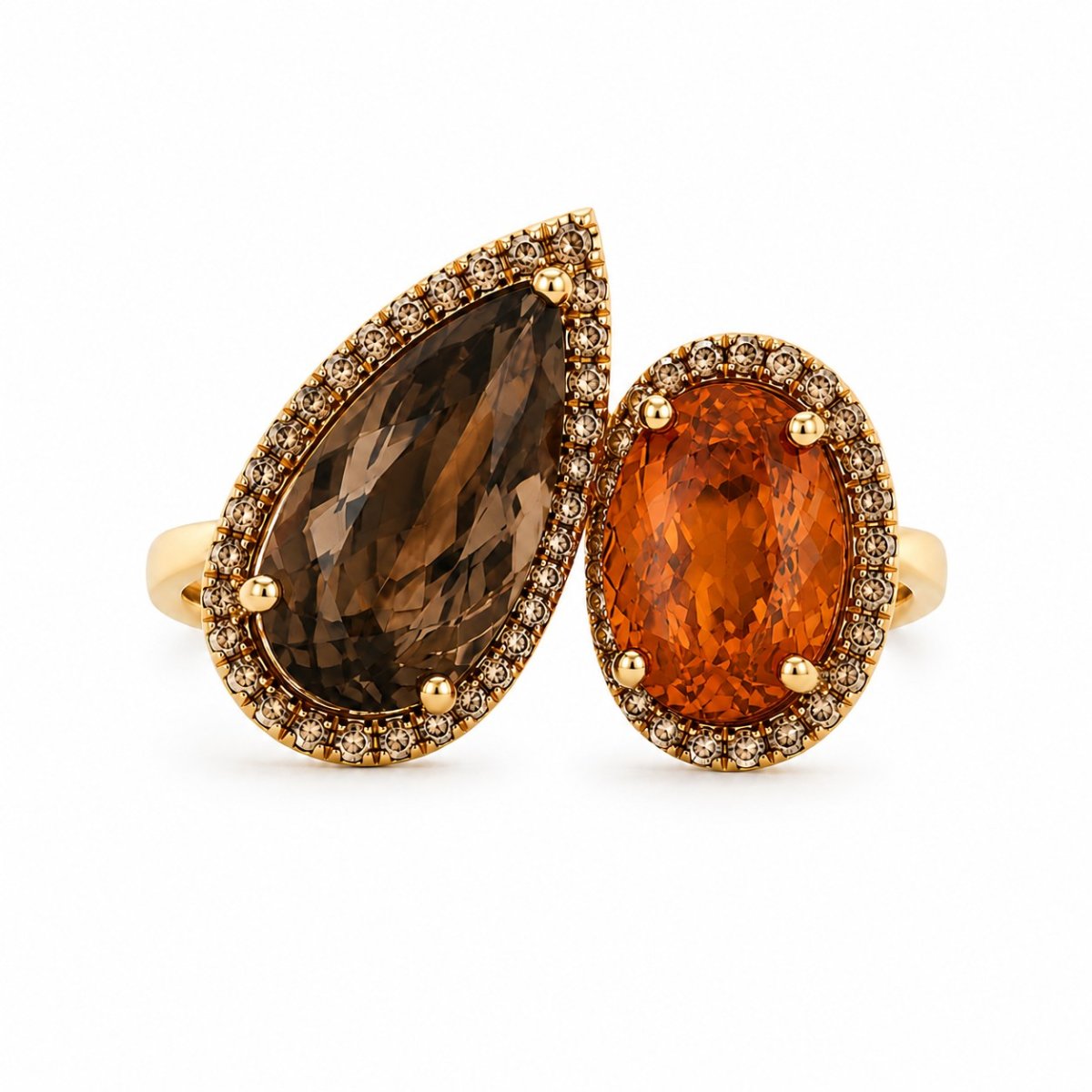 Rose gold ring with citrine and smoky quartz