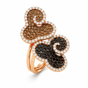Rose gold ring with white, champagne, and black diamonds