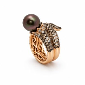 18 karat rose gold ring with champagne diamonds and pearl
