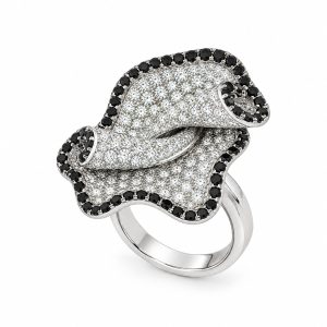 White gold ring with white and black diamonds