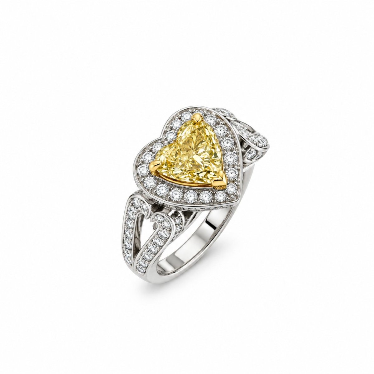 Каблучка-серце з 18-каратного білого золота з діамантом light fancy yellow та білим ореолом