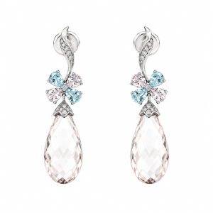 Morganite drop earrings in gold with aquamarine and diamonds
