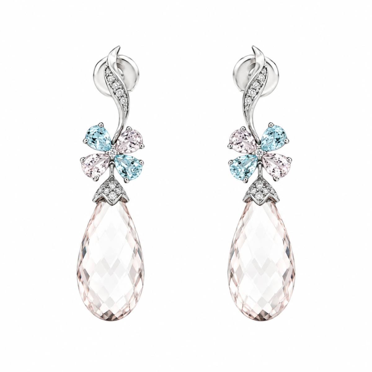Boucles d’oreilles pendantes en or avec morganite, aigue-marine et diamants
