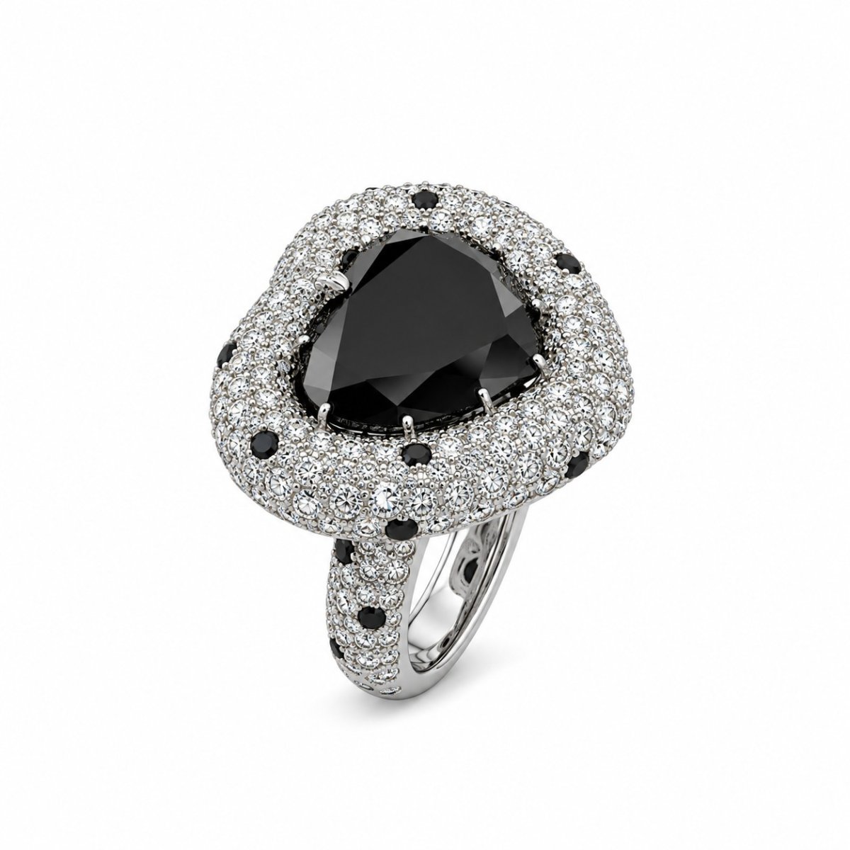 Luxury white gold ring with black diamond and white diamonds
